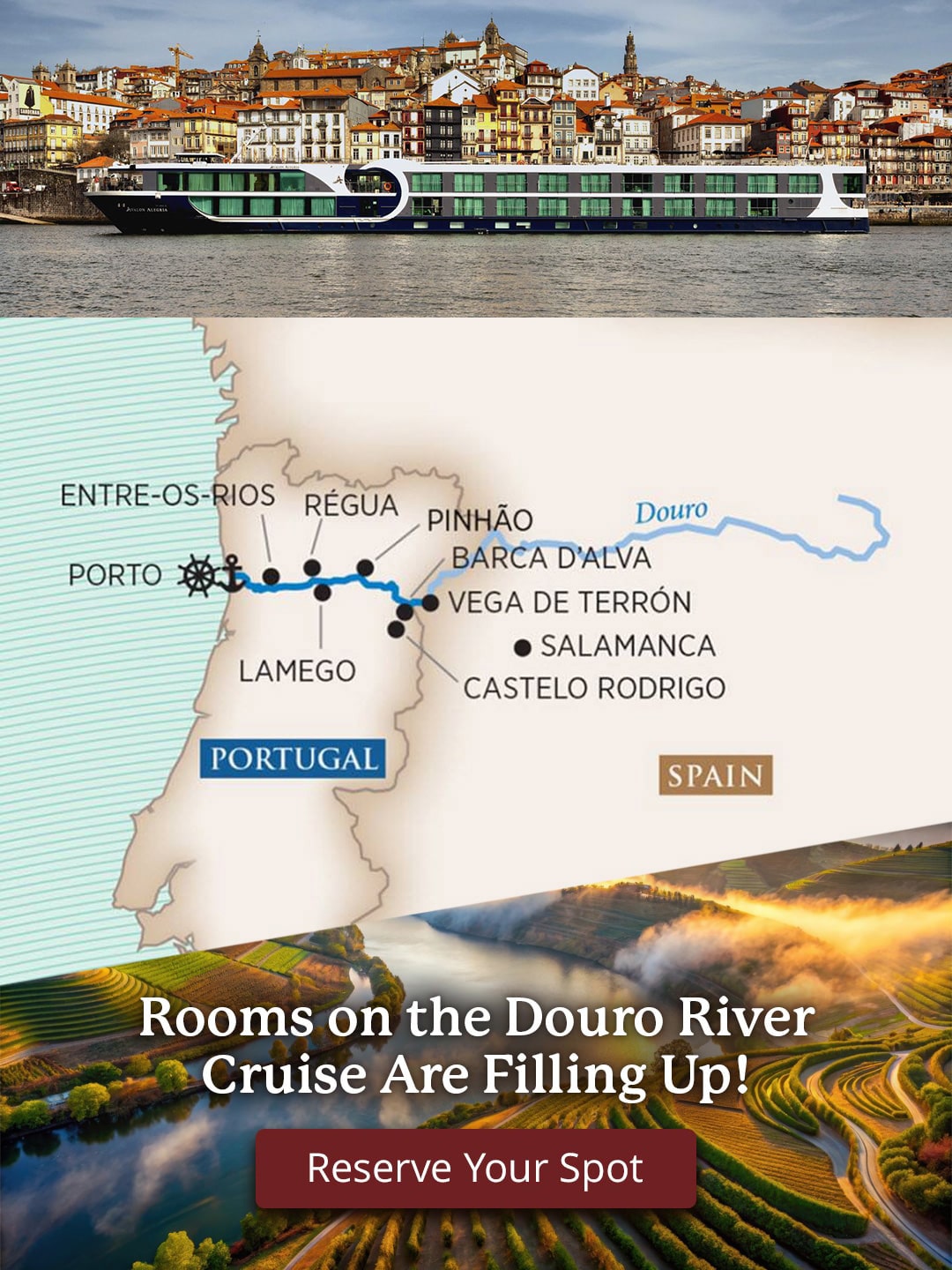 Collage of a map of Portugal’s Douro Valley, the Avalon Alegria cruise ship, and vineyards.
